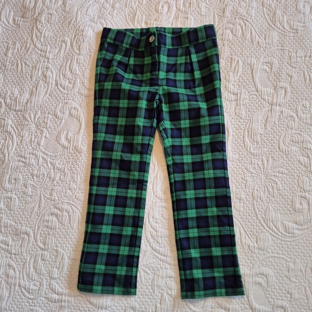 Janie and Jack girls size 5 pants green and blue plaid, adjustable waist EUC